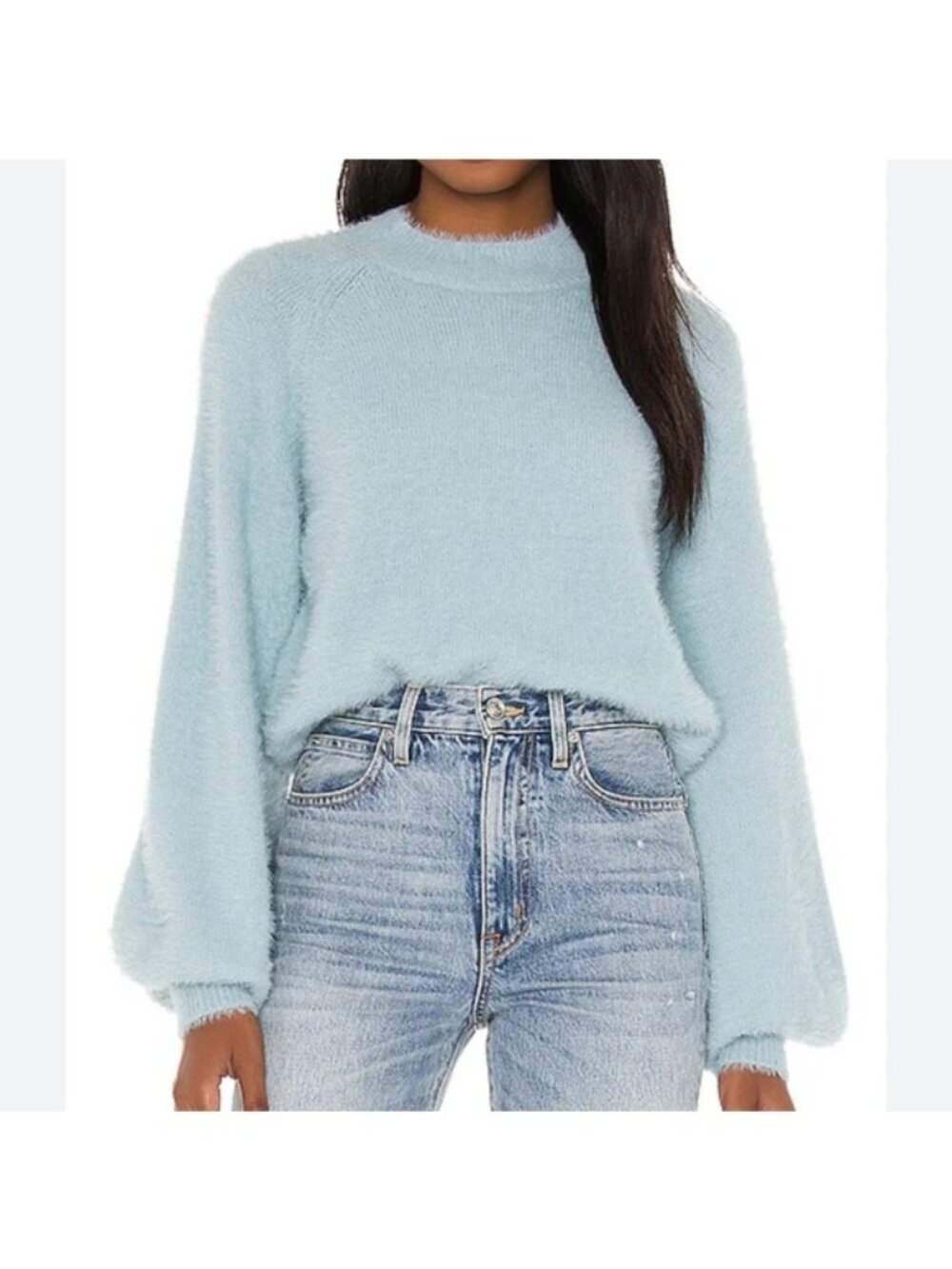 Bardot Belle Sleeve Fluffy Knit Sweater Soft Blue